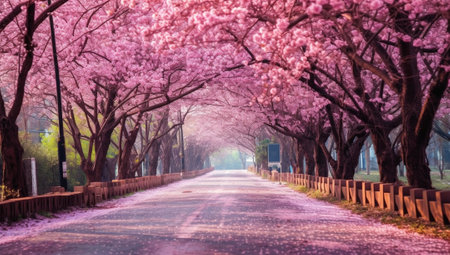 Generative AI : Beautiful Cherry blossom tree pink sakura flower Country road and curvesの素材