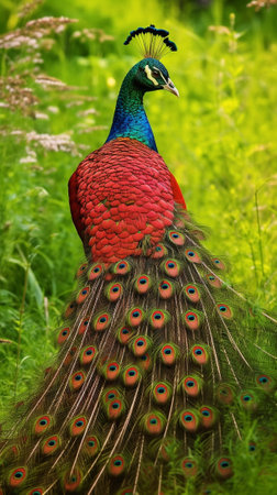 Generative AI : Beautiful Green PeafowlPavo muticus with a beautiful blossomed tail in the natureの素材