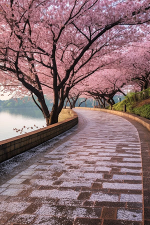 Generative AI : Sakura pink flowercherry blossom on mountain with lake in Chiangmai thailandの素材
