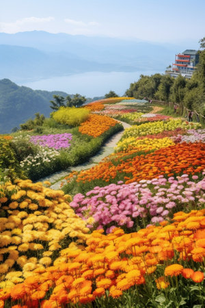 Generative AI : The road curves up the mountain with Mexican Sunflower Weed Field in north of Thailandの素材