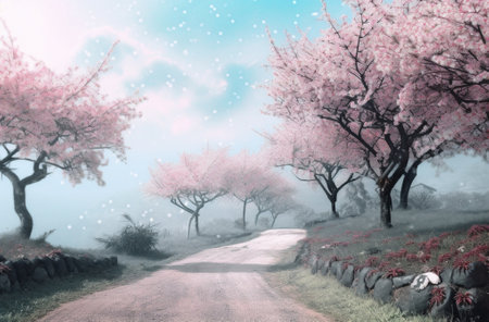 Generative AI : Beautiful Cherry blossom tree pink sakura flower with fogmist on Country roadの素材
