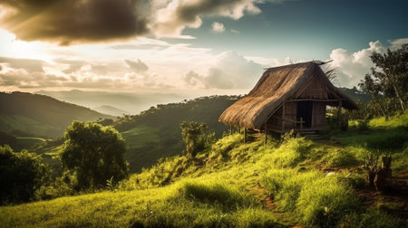 Generative AI : Beautiful landscape nature Gold color Terraced Rice Field of Rainy Season and hut on Mountain in the Evening at naturePa Pong Pieng Mae Chaem Chiang Mai Thailandの素材