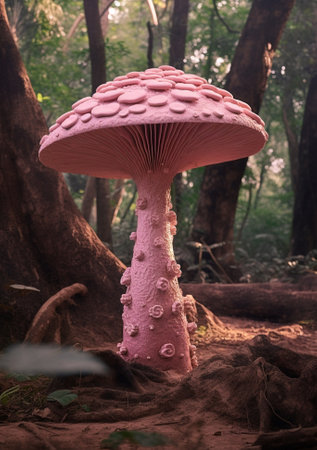 Generative AI : Closeup of pink burn cup fungi cup on a branch in forestの素材