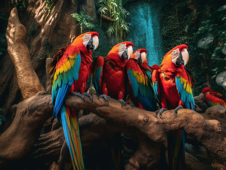 Generative AI : Colorful Scarlet Macaw aviaryの素材