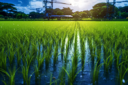 Generative AI : Rice field with dew drop in the morningの素材