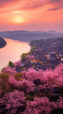 Generative AI : Sakura pink flowercherry blossom on mountain with lake in Chiangmai thailandの素材