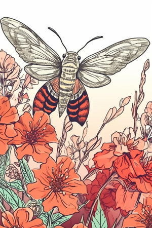 Generative AI : Hummingbird hawkmoth hovering over verbena flower Macroglossum stellatarum in nutureの素材