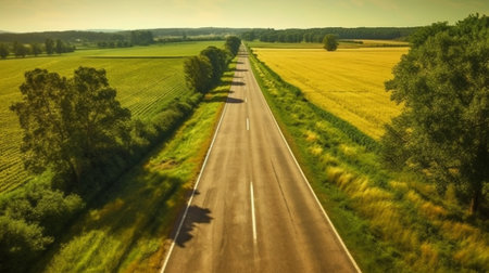 Generative AI : Asphalt road surrounded by green fields and treesの素材