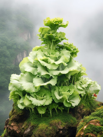 Generative AI : Beautiful birdGreen CochoaCochoa viridis with Fruit balls in the nature and amid the mistの素材