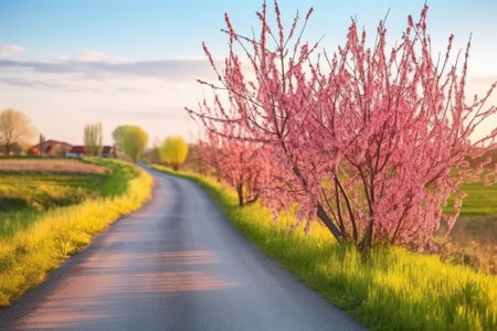 Generative AI : Beautiful Cherry blossom tree pink sakura flower on Country roadの素材