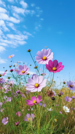 Generative AI : Beautiful Cosmo Flower on blue skyの素材