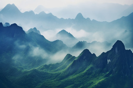 Generative AI : Beuatiful landscape of the mountain with Misty foggy mountain landscape styleの素材