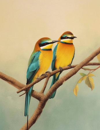 Generative AI : Couple of Green bird Blue Tailed Bee Eater on branchの素材