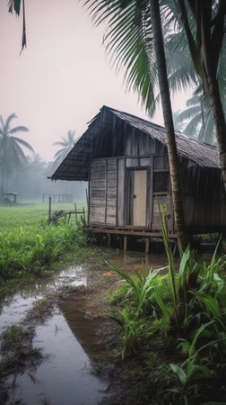 Generative AI : Beautiful landscape nature green Terraced Rice Field of Rainy Season and hut with Fog on the mountain in naturePa Pong Pieng Mae Chaem Chiang Mai Thailandの素材