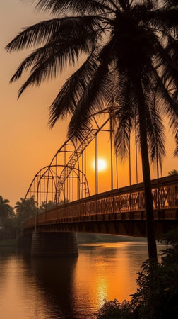 Generative AI : Iron bridge in Chiangmai Thailand with Beautiful sky with cloud before sunsetの素材