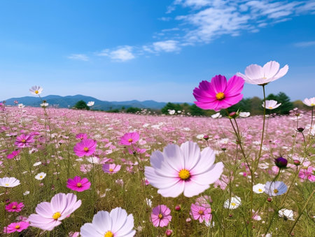 Generative AI : Beautiful cosmos flowers blooming in gardenの素材