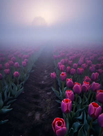 Generative AI : Colorful Tulips in Garden with fogの素材
