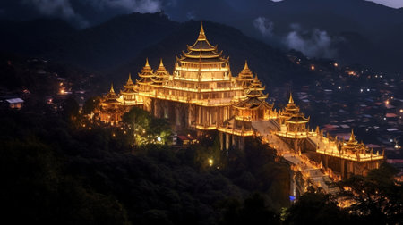 Generative AI : Full moon above Wat Phra That Doi Suthep is a major tourist destination of Chiang Mai Thailandの素材