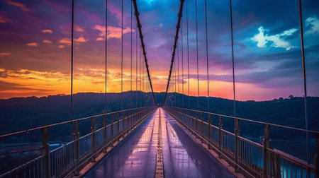 Generative AI : Iron bridge in Chiangmai Thailand with Beautiful sky with cloud before sunsetの素材