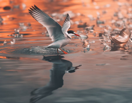 Generative AI : River tern Sterna aurantia Flying with fish and sitting on groundの素材