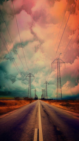 Generative AI : The Mountain twilight sky power full color on the roadの素材