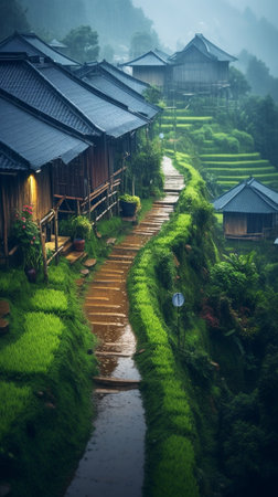 Generative AI : Beautiful landscape nature green Terraced Rice Field of Rainy Season and hut on Mountain in nature Mae Chaem Chiangmai Thailandの素材