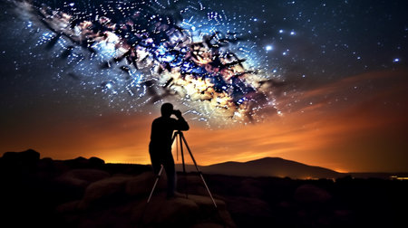 Generative AI : Photographer takes a good shot on the Milky way Long exposure photographの素材