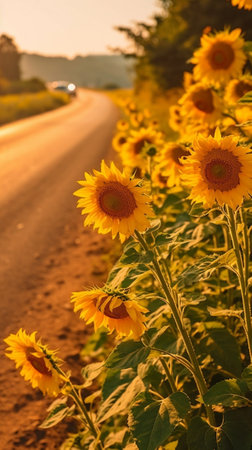 Generative AI : The road on the mountain with Mexican Sunflower Weed Field in north of Thailandの素材