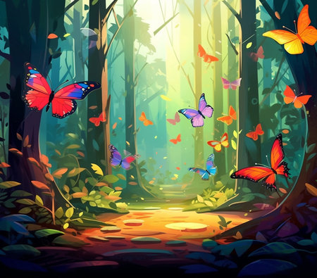 Generative AI : Group of butterflies in the forestの素材