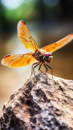 Generative AI : Dragonfly resting on a rockの素材
