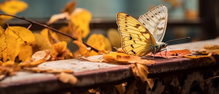 Generative AI : A closeup of Beauty butterfly resting on dry leafの素材