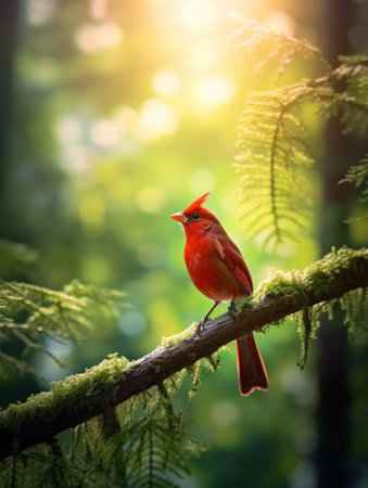 Generative AI : Beautiful Red Bird Female Red Avadavat Amandava amandava perching on a branch in natureの素材