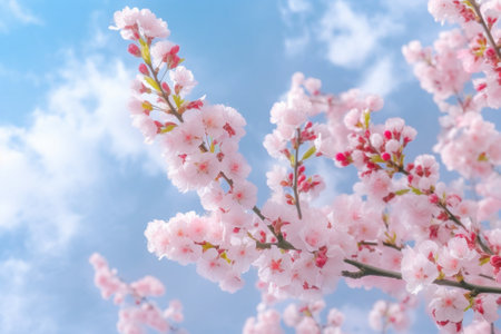 Generative AI : Beautiful Cherry blossom pink sakura flower with bule skyの素材