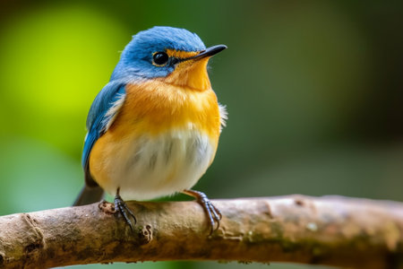 Generative AI : Beautiful bird Redflanked BluetailTarsiger cyanurus rest on branchの素材