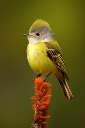 Generative AI : Beautiful bird Greenbacked Flycatcher Ficedula elisae rest on branch in natureの素材