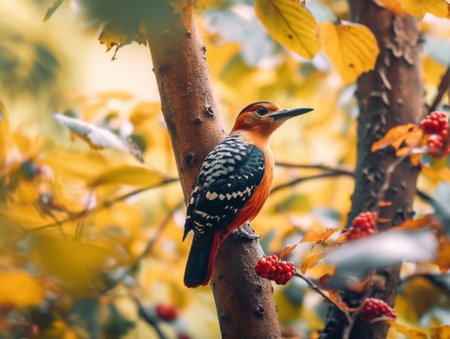 Generative AI : Beautiful bird Rufous Woodpecker Micropternus brachyurus rest on tree in natureの素材