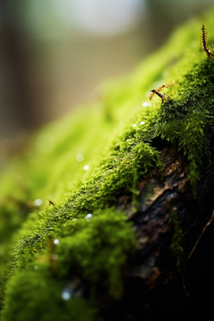 Generative AI : Closeup moss in forest after rainの素材