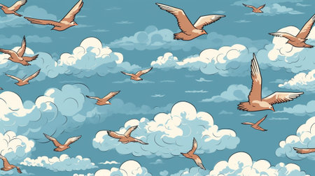 Generative AI : Birds fly on blue sky background with white cloudsの素材