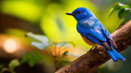 Generative AI : Beautiful blue bird Slatyblue Flycatcher Ficedula tricolor male rest on branch in natureの素材