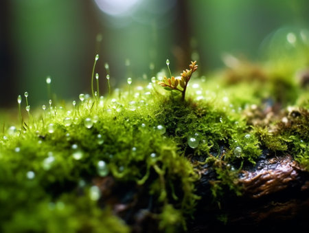 Generative AI : Closeup moss in forest after rainの素材