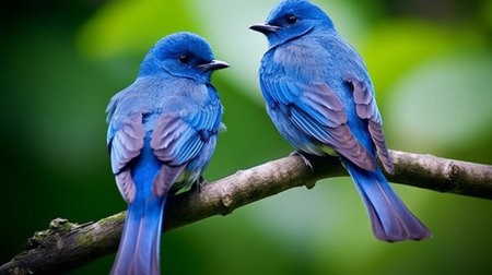 Generative AI : Couple of Beautiful Blue Bird Ultramarine Flycatcher rest on branchの素材