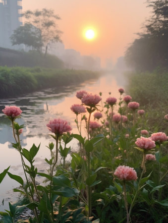 Generative AI : Flowers bloom in the morningの素材