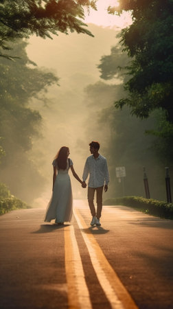 Generative AI : Honeymoon Young romantic couple walks on the roadの素材