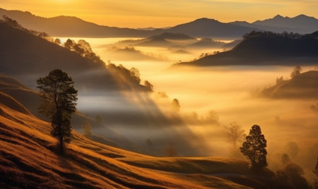 Generative AI : Dramatic sunrise with sea of mist at Huai Nam Dang National Park in Chiangmai Thailandの素材