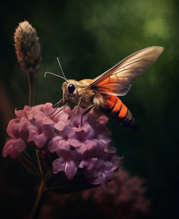 Generative AI : Hummingbird hawkmoth hovering over flower on green backgroundの素材