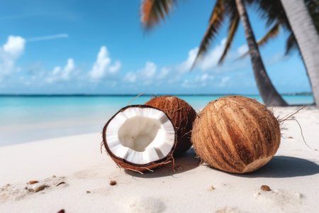 Generative AI : Row of coconut on the beachの素材