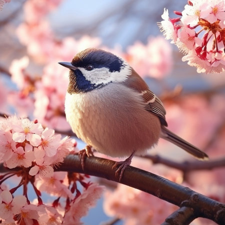Generative AI : beautiful bird with Cherry blossom pink sakura flowerの素材