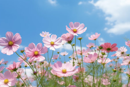 Generative AI : The background image of the colorful flowers with blue skyの素材