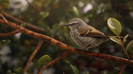 Generative AI : Yelloweyed Babbler bird standing on a branchの素材