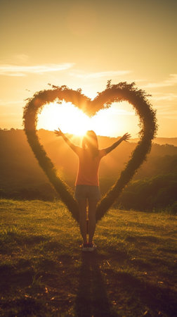 Generative AI : young woman making heart with her hands round the sun in sunsetの素材